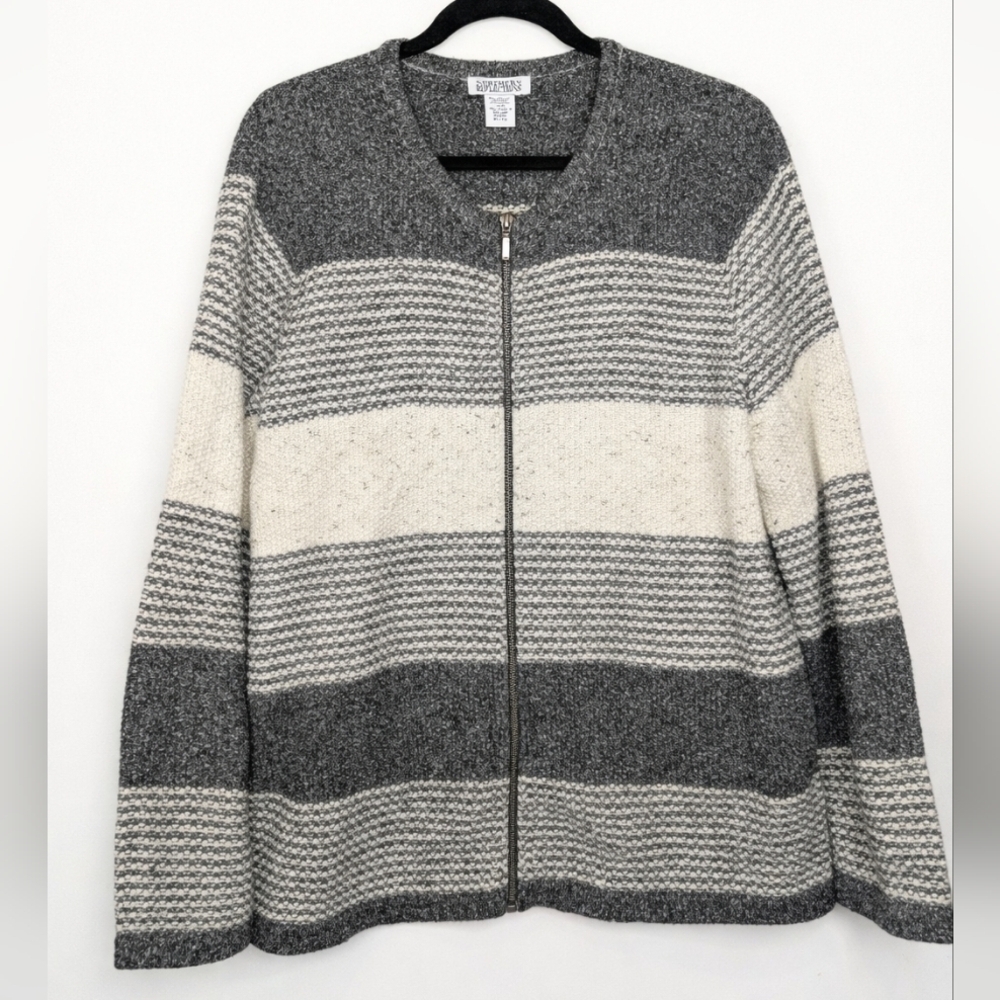 Northern Reflections XL Zip Up Sweater Cardigan Gray Cream Striped Cozy